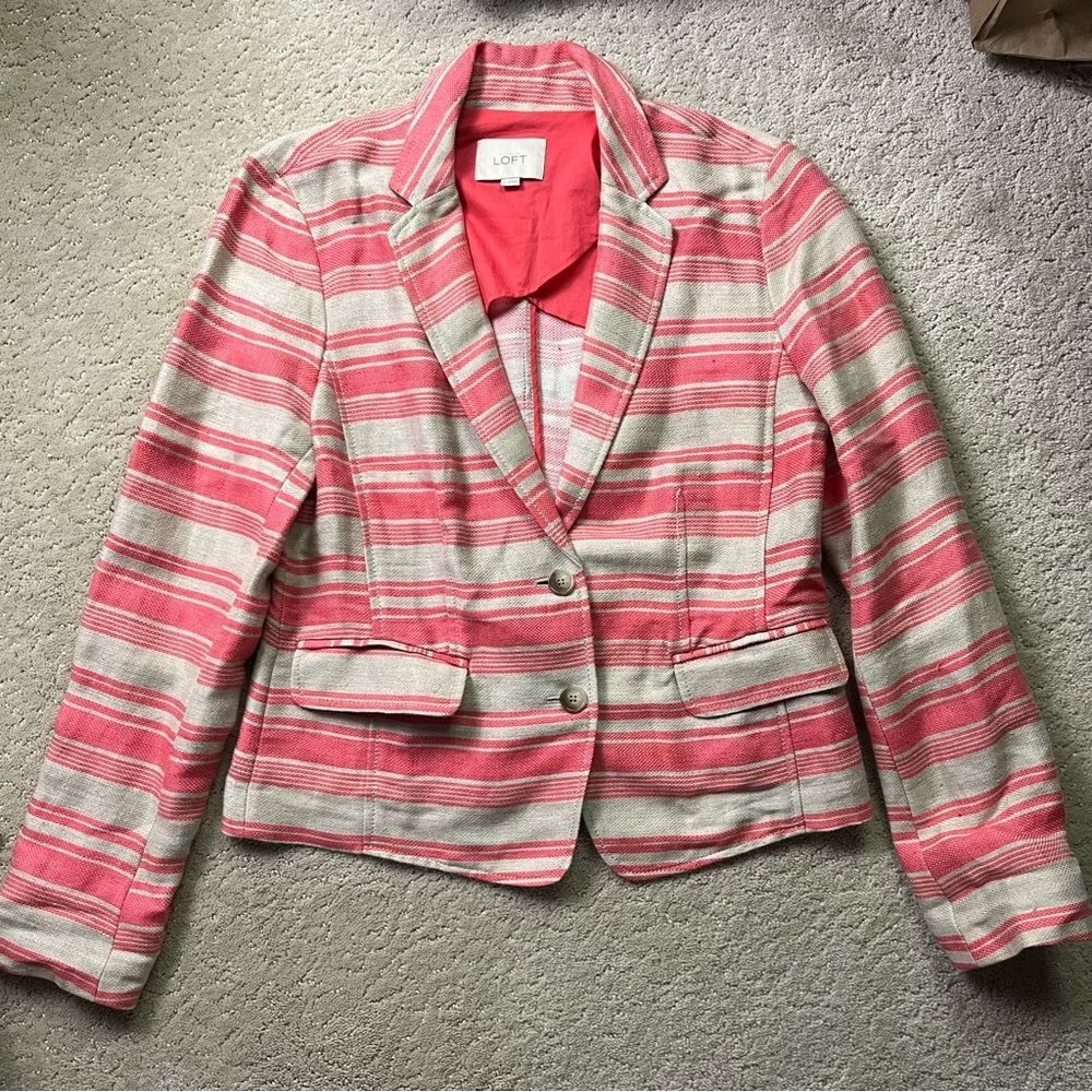 Ann Taylor LOFT Linen Blazer Coral Pink Striped 8